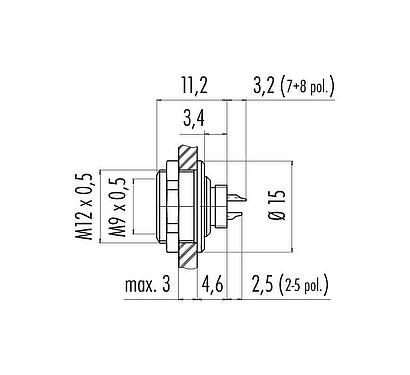縮尺図 M9 メスパネルマウントコネクタ, 極数: 2, 非シールド, はんだ, IP67, M12x0.5, 背面パネルマウント