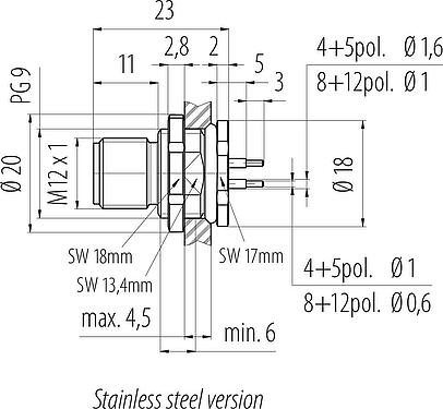 Dessin coté M12 Embase mâle, Contacts: 5, non blindé, THT, IP68, UL 2238, PG 9, Montage mural arrière, Acier inoxydable, coulé