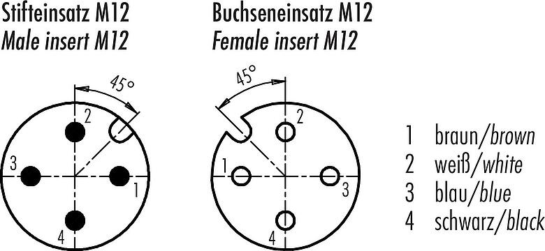 Disposizione dei contatti (lato connessione) M12 Cavo di collegamento connettore cavo maschio - connettore angolare femmin con LED, Numero poli: 4, non schermato, stampato sul cavo, IP68/IP69K, PUR, nero, 4 x 0,34 mm², con PNP a LED, 2 m