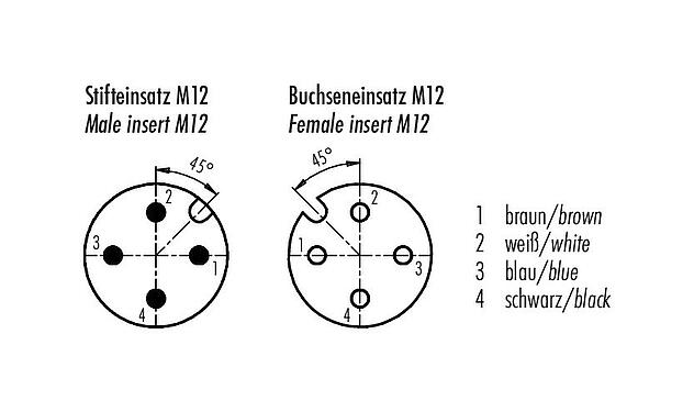 접점 배치(접속측) M12 연결 케이블 케이블 커넥터- LED각진 소켓, 콘택트 렌즈: 4, 차폐되지 않음, 케이블에 몰딩, IP68/IP69K, PUR, 검정, 4x0.34 mm², LED PNP 포함, 1m