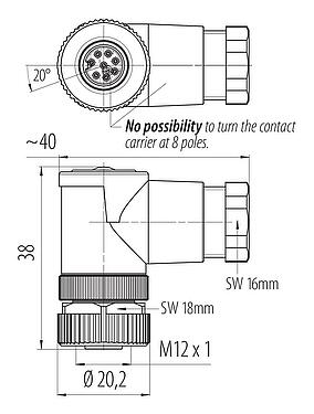 Scale drawing M12 Female angled connector, Contacts: 8, 6.0-8.0 mm, unshielded, screw clamp, IP67, UL 2238