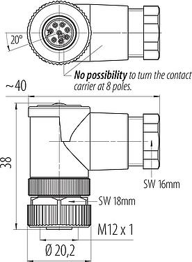 Scale drawing M12 Female angled connector, Contacts: 8, 6.0-8.0 mm, unshielded, screw clamp, IP67, UL 2238
