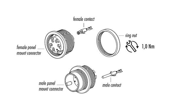 Component part drawing M16 Female panel mount connector, Contacts: 4 (04-a), unshielded, crimping (Crimp contacts must be ordered separately), IP67, UL 2238, M18x0,75, Front mounting