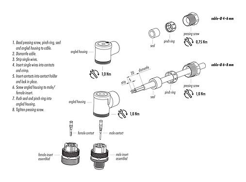 Assembly instructions 99 0529 52 04 - M12 Male angled connector, Contacts: 4, 6.0-8.0 mm, unshielded, crimping (Crimp contacts must be ordered separately), IP67, UL