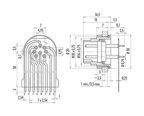 
          Anschluss & Maße
         09 0173 65 08 - M16 Flanschstecker, Polzahl: 8 (08-a), ungeschirmt, THT, IP68, von vorne verschraubbar