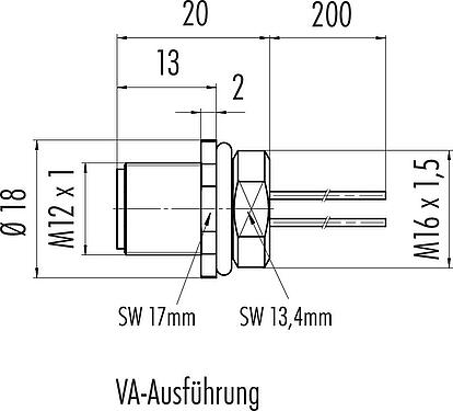 Maßzeichnung M12 Flanschstecker, Polzahl: 8, ungeschirmt, Litzen, IP68, UL 2238, M16x1,5, Frontmontage, Edelstahl, vergossen
