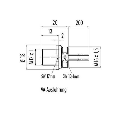 Maßzeichnung M12 Flanschstecker, Polzahl: 12, ungeschirmt, Litzen, IP68, UL 2238, M16x1,5, Frontmontage, Edelstahl