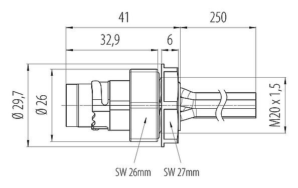 Scale drawing 09 6121 250 06 - Bayonet Male panel mount connector, Contacts: 6, shieldable, single wires, IP66/IP67, UL 2237, M20x1.5, Front mounting