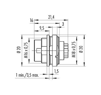 Scale drawing 09 0111 700 04 - M16 Male panel mount connector, Contacts: 4 (04-a), unshielded, crimping (Crimp contacts must be ordered separately), IP67, UL