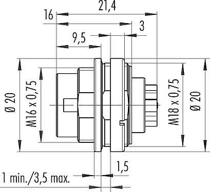 Scale drawing M16 Male panel mount connector, Contacts: 7 (07-a), unshielded, crimping (Crimp contacts must be ordered separately), IP67, UL 2238, M18x0,75, Front mounting