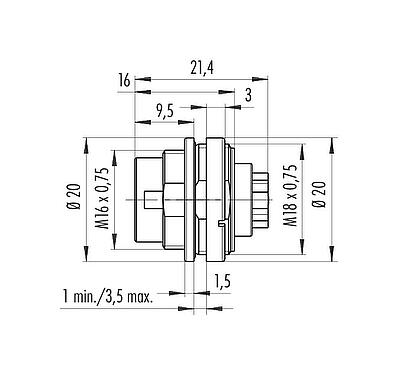 Maßzeichnung M16 Flanschstecker, Polzahl: 8 (08-a), ungeschirmt, crimpen (Crimpkontakte müssen separat bestellt werden), IP68, UL 2238, AISG konform, M18x0,75, Frontmontage
