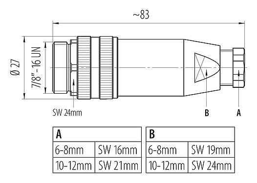 Schaaltekening 7/8" Kabelstekker, aantal polen: 4+PE, 10,0-12,0 mm, onafgeschermd, schroefklem, IP67, UL 2238, VDE