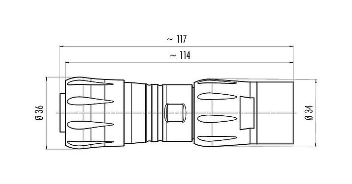 Desenho da escala Baioneta Tomada de cabo, Contatos: 4+3+PE, 7,0-17,0 mm, desprotegido, crimpado (os contactos de crimpdevem ser encomendados separadamente), IP68/IP69K, UL 2238, VDE, UV-Beständig, Roscagem para mangueira de proteção