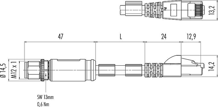 比例图 M12/RJ45 连接线束 针头电缆连接器-RJ45针头连接器, 极数: 8, 屏蔽, 预铸电缆, IP67, UL, PUR, 绿色, AWG 26/7, 10m