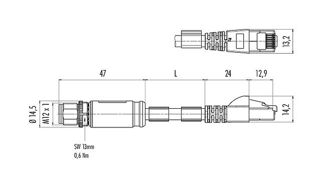 Maßzeichnung M12/RJ45 Verbindungsleitung Kabelstecker - RJ45-Stecker, Polzahl: 8, geschirmt, am Kabel angespritzt, IP67, UL, PUR, grün, AWG 26/7, 10 m