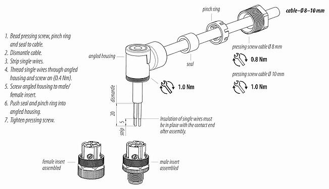 Összeszerelési utasítás M12 derékszögű csatlakozó, : 3+PE, 8,0-10,0 mm, árnyékolatlan, csavaros bilincs, IP67, UL 2238, VDE