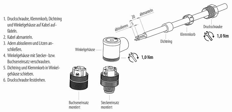 Montageanleitung M12 Winkeldose, Polzahl: 2+PE, 4,0-6,0 mm, ungeschirmt, schraubklemm, IP67, UL