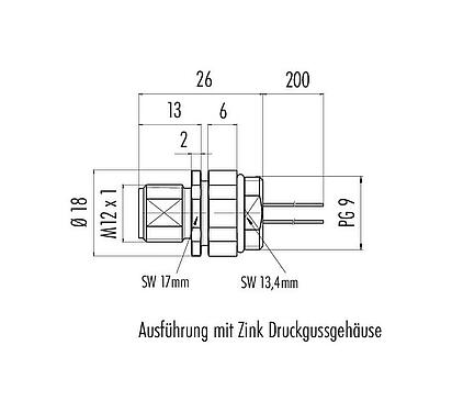 Maßzeichnung M12 Flanschstecker, Polzahl: 12, ungeschirmt, Litzen, IP68, UL 2238, PG 9, Frontmontage, Kodierungsausrichtung positionierbar, vergossen