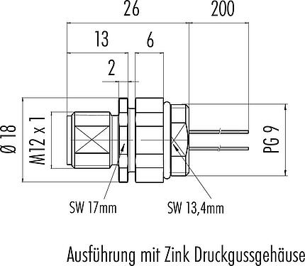 Maßzeichnung M12 Flanschstecker, Polzahl: 12, ungeschirmt, Litzen, IP68, UL 2238, PG 9, Frontmontage, Kodierungsausrichtung positionierbar, vergossen
