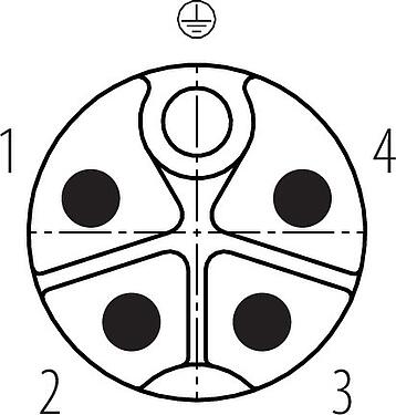 Polbild (Steckseite) M12 Kabelstecker, Polzahl: 4+PE, 8,0-13,0 mm, ungeschirmt, schraubklemm, IP67, UL 2238