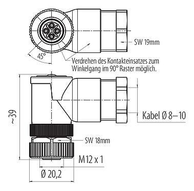 Maßzeichnung M12 Winkeldose, Polzahl: 3+PE, 8,0-10,0 mm, ungeschirmt, schraubklemm, IP67, UL 2238, VDE