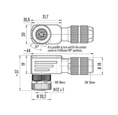 Schaaltekening M12 Female haakse connector, aantal polen: 4, 5,0-8,0 mm, schermbaar, krimpen (krimpcontacten dienen afzonderlijk te worden besteld), IP67, UL 2238