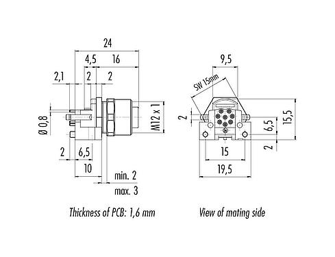 Dessin coté M12 Embase femelle, Contacts: 8, non blindé, THR, IP68, UL 2238, M12x1,0, Montage frontal, pour assemblage PCB