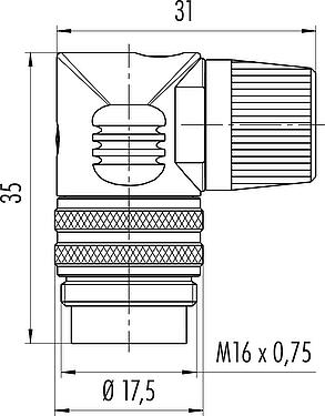 Scale drawing M16 Male angled connector, Contacts: 4 (04-a), 6.0-8.0 mm, unshielded, solder, IP40