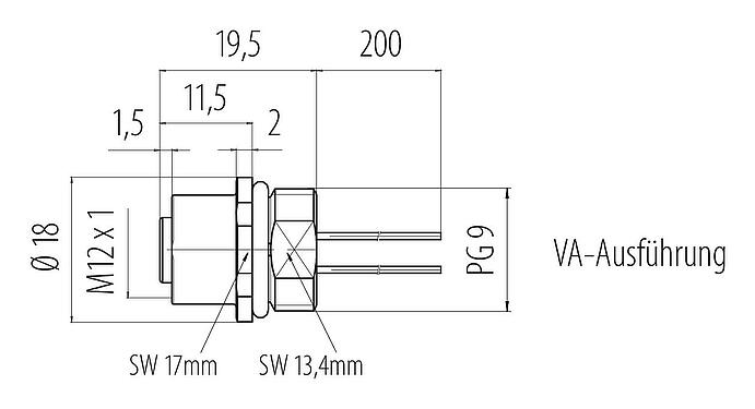 Maßzeichnung M12 Flanschdose, Polzahl: 4, ungeschirmt, Litzen, IP68, UL 2238, PG 9, Frontmontage, Edelstahl, vergossen