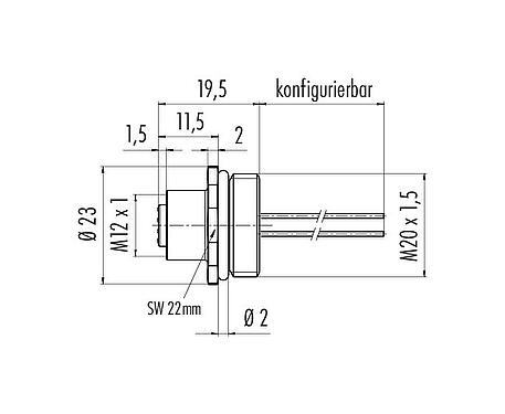 Maßzeichnung M12 Flanschdose, Polzahl: 4, ungeschirmt, Litzen, IP67, UL 2238, M20x1,5, Frontmontage, vergossen