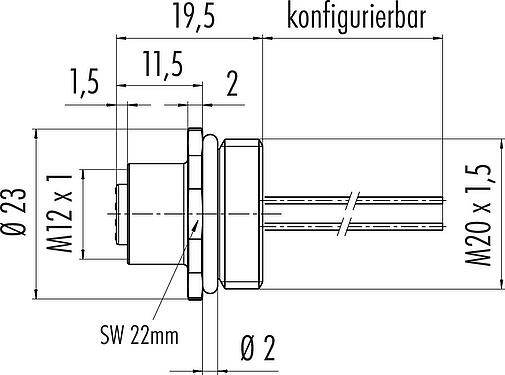 Maßzeichnung M12 Flanschdose, Polzahl: 5, ungeschirmt, Litzen, IP67, UL 2238, M20x1,5, Frontmontage, vergossen