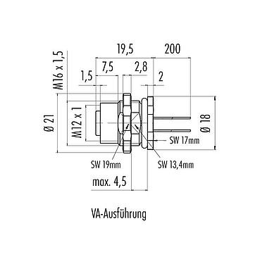 Maßzeichnung M12 Flanschdose, Polzahl: 5, ungeschirmt, Litzen, IP68, UL 2238, M16x1,5, Rückwandmontage, Edelstahl