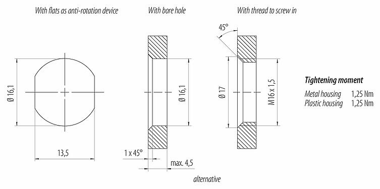 Instructions de montage / Découpe du panneau M12 Embase mâle, Contacts: 5, non blindé, fils, IP68, UL 2238, M16x1,5, Montage frontal