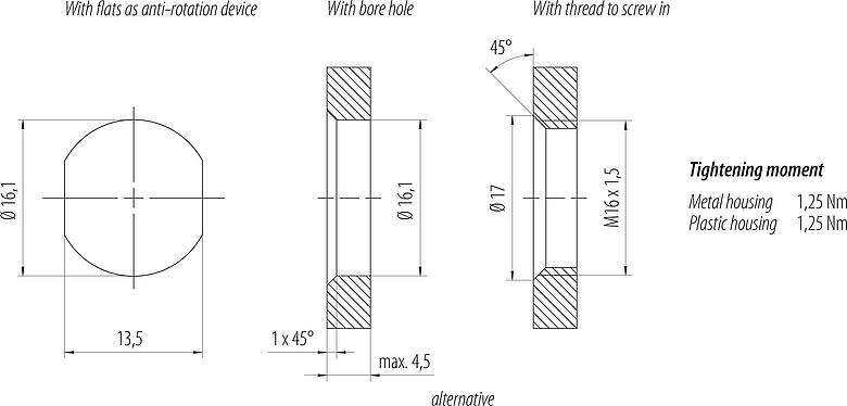 Muestra de montaje M12 Enchufe de brida, Número de contactos: 5, sin blindaje, hilos, IP68, UL 2238, M16x1,5, Montaje frontal
