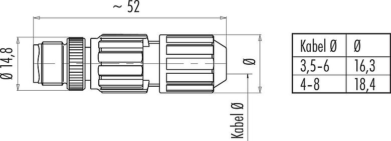 Maßzeichnung M12 Kabelstecker, Polzahl: 4, 4,0-8,0 mm, ungeschirmt, IDC, IP67