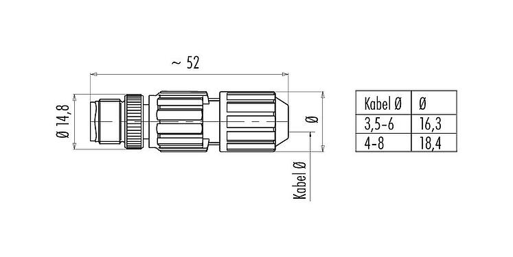 Maßzeichnung M12 Kabelstecker, Polzahl: 4, 3,5-6,0 mm, ungeschirmt, IDC, IP67