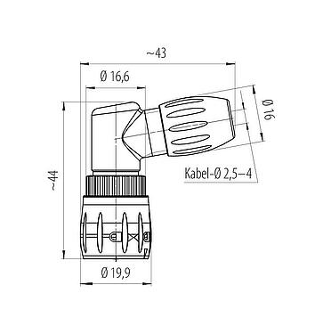 Maßzeichnung Bajonett Winkelstecker, Polzahl: 8, 2,5-4,0 mm, ungeschirmt, löten, IP67