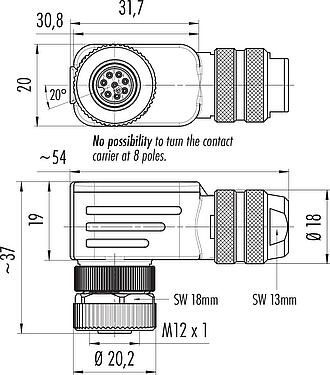 Scale drawing M12 Female angled connector, Contacts: 8, 6.0-8.0 mm, shieldable, screw clamp, IP67, UL 2238, with shielding ring
