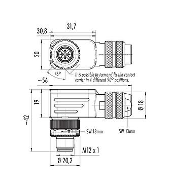 Mittakaavapiirustus M12 Kulmapistoke, Napojen määrä: 4, 6,0-8,0 mm, suojattavissa, häkkivetojousi, IP67, suojarenkaalla
