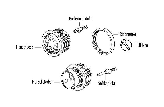 Einzelteildarstellung M16 Flanschdose, Polzahl: 4 (04-a), ungeschirmt, crimpen (Crimpkontakte müssen separat bestellt werden), IP67, UL 2238, M18x0,75, Frontmontage