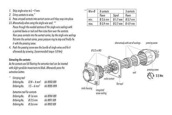 Instrução de montagem Baioneta Soquete de flange, Contatos: 4+PE, desprotegido, crimpado (os contactos de crimpdevem ser encomendados separadamente), IP68/IP69K, UL 2238, VDE, Montagem frontal, UV-Beständig