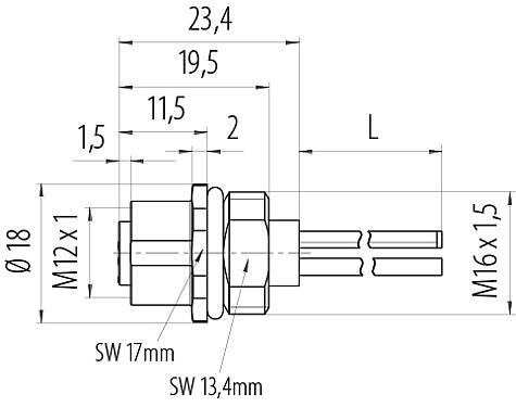 Bản vẽ tỷ lệ M12 Ổ cắm gắn bảng, Số lượng cực : 3, không có chống nhiễu, dây đơn, IP68, UL 2238, M16x1,5, Gắn phía trước, túp lều