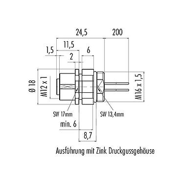 Maßzeichnung M12 Flanschdose, Polzahl: 5, ungeschirmt, Litzen, IP68, UL 2238, M16x1,5, Frontmontage