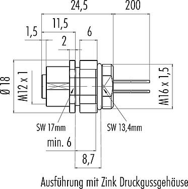 Maßzeichnung M12 Flanschdose, Polzahl: 5, ungeschirmt, Litzen, IP68, UL 2238, M16x1,5, Frontmontage