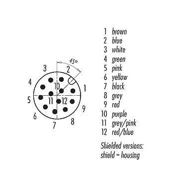 觸點排列 M12 直頭針頭電纜連接器, : 12, 遮罩, 預鑄電纜, IP67, UL 2238, PUR, 黑色, 12x0.25mm², 5m