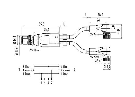 Maßzeichnung M12/M8 Kabelsplitter Kabelstecker - 2 Winkeldosen, Polzahl: 4/3, ungeschirmt, am Kabel angespritzt, IP67, UL 2238, PUR, schwarz, 3 x 0,34 mm², 2 m