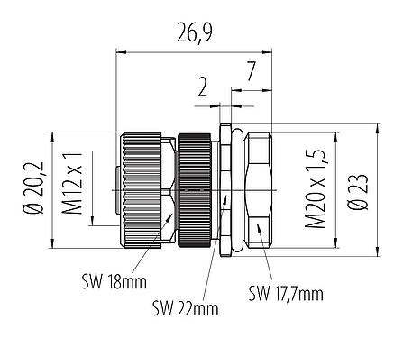 Dessin coté M12 Embase femelle, Contacts: 3+PE, non blindé, pince à visser, IP68, UL 2238, VDE, M20x1,5, Montage frontal