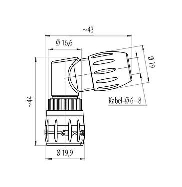Maßzeichnung Bajonett Winkelstecker, Polzahl: 8, 6,0-8,0 mm, ungeschirmt, löten, IP67