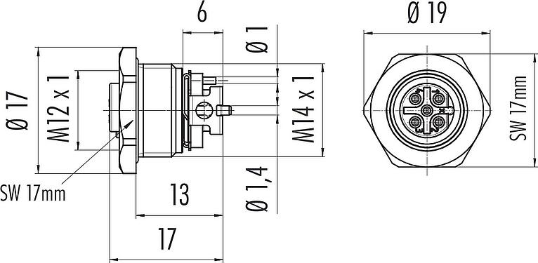 Maßzeichnung M12 Flanschdose, Polzahl: 5, schirmbar, SMT, IP67, M14x1,0, Frontmontage