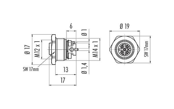 Maßzeichnung M12 Flanschdose, Polzahl: 5, schirmbar, SMT, IP67, M14x1,0, Frontmontage